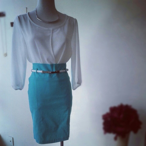 White drape blouse with mint pencil skirt and white adjustable belt
