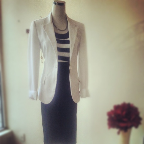 White blazer, white + navy nautical tee, and high waisted navy tie skirt