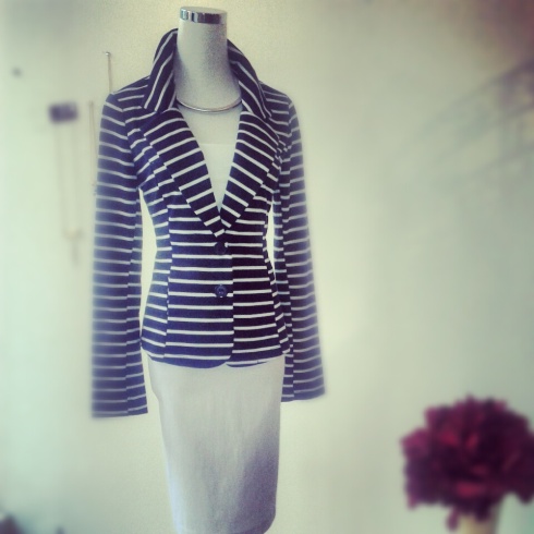 Striped white + navy two-button nautical blazer and white pencil skirt