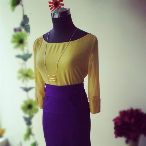 3/4 sleeve Mustard blouse with horizontal bandage violet pencil skirt
